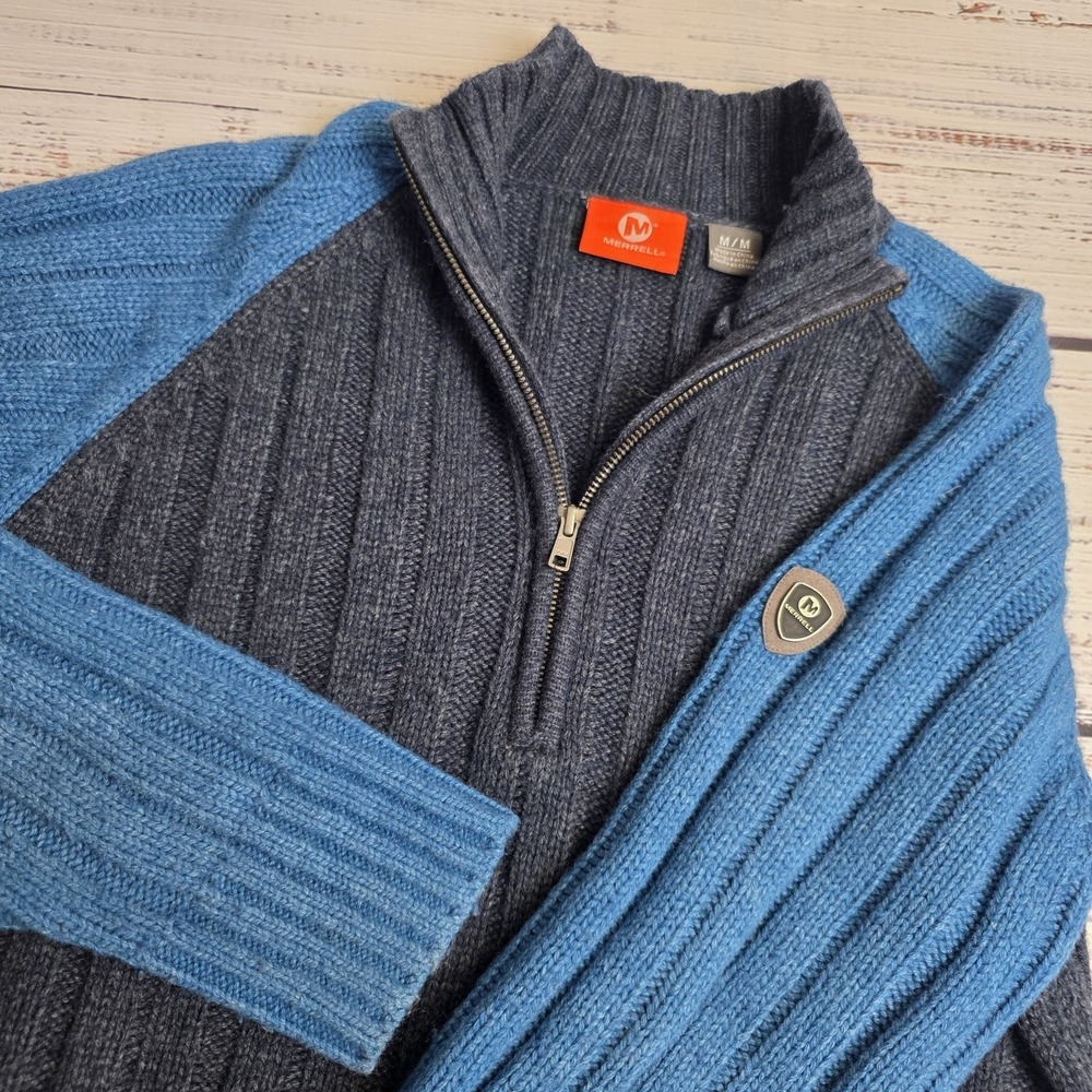 Merrell Mens Medium Wool Blend‎ Half Zip Cable Knit Sweater Blue Gray Pullover
